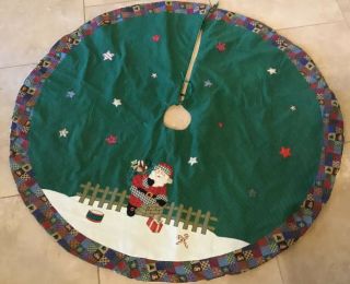 Country Christmas Tree Skirt,  Appliqué Santa Claus,  Pack Of Toys,  Fence