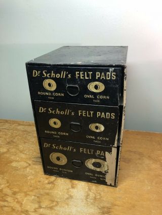 Vintage Dr.  Scholl’s Metal Cabinet 3 - Drawer Display For Felt Pads Corns Bunions
