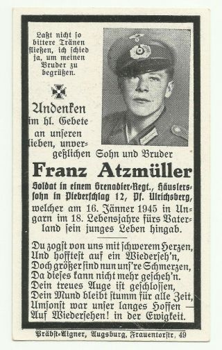 German Death Card – Grenadier 17 Years – Peaked Cap - Slovakia 01.  1945 Kia