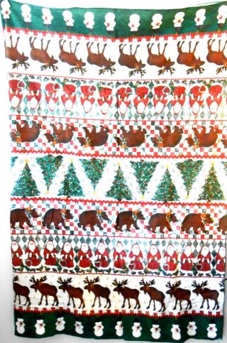78x58 " Cotton Christmas Tablecloth W Moose Christmas Trees Snowmen Santas Bears