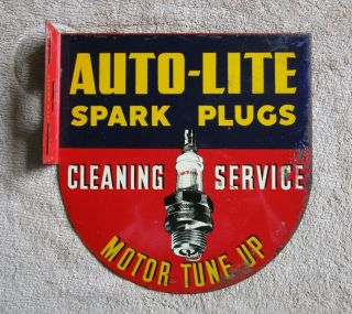 Double Sided Vintage Auto Lite Spark Plugs Automotive Flanged Metal Sign 1940s