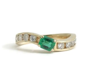 Vintage Green Emerald And Diamond Wave Ring 14k Yellow Gold.  44 Ctw,  3.  3 Grams