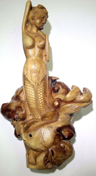 Japanese Mermaid Koi Fish Maple Burl Wood Hand Carved Vintage