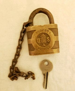 Vintage U S Forest Service Padlock - Yale Brass Pine Tree Lock Key Weird Yale