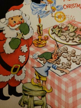 Vtg Christmas Greeting Card Santa Claus Baking Cookies Elf Fairies (n.  Pole) 50s