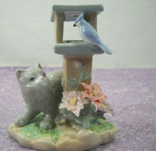 Porcelain Cat Kitten Figurine With Flowers Blue Jay Bird Feeder Marked 2000 Yh