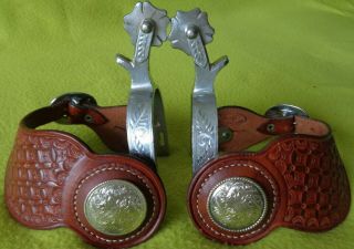 Crockett Renalde Vintage Engraved Silver Steel Spurs & Tooled Straps Conchos Nr
