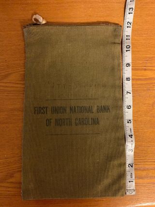 1940s First Union National Bank Of North Carolina Zip Top Money Cash Bag Canvas