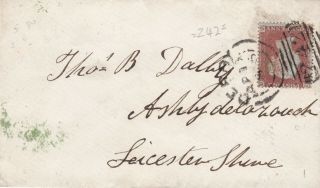 1855 Qv Derby Duplex On Cover With A 1d Penny Red Stamp Sent To Leicestershire