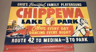 Chippewa Lake Amusement Park Metal Sign Indian Head Boat Roller Coaster Dancing