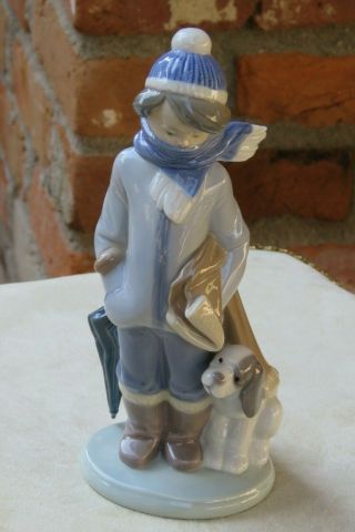 Lladro 5220 Winter Child Boy With Dog Coat Scarf Umbrella Porcelain Figurine