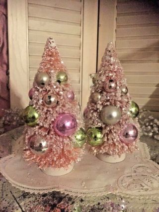 2 Vintage Style Pink Bottle Brush Christmas Trees Snow Flocked Glitter Ornaments