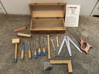 Vintage Handy Andy Kids Carpenters Tool Box & Tools Wooden Tool Box Saw Hammer