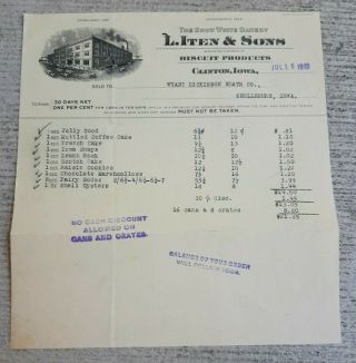 1913 L Iten & Sons Snow White Bakery Biscut Products Invoice Clinton Iowa $21.  85