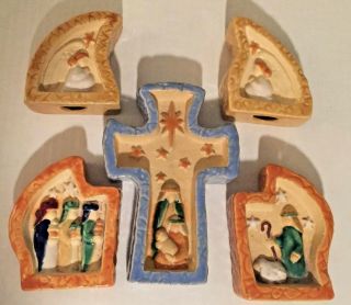 Modern 5 pc Ceramic Bas - Relief Nativity Set Joseph Mary Jesus Angels Shepherds 2