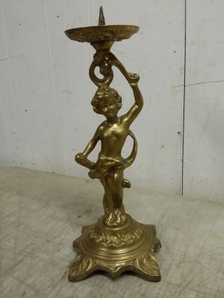 Vintage Heavy Cast Brass Cherub Column Candle Holder Candlestick,  10 - 3/4 