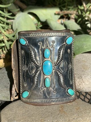 Vintage Navajo Leather,  Sterling Silver & 7 Turquoise Bow Guard Ketoh Bracelet