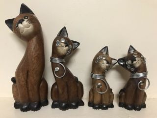 4 Piece Wooden Cat Hand Carved Statue Figurine Crafted Wood So Cute