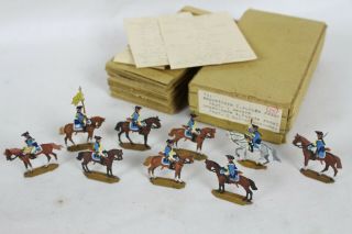 9 Vintage Tin Flats Zinnfiguren Scholtz Box Lead War Germany Soldiers Horses Old