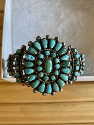 Vintage Native American Old Pawn Zuni Turquoise Sterling Cluster Cuff Bracelet