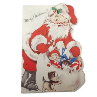 Vtg 1944 Rust Craft Santa Claus Holiday Greeting Card Diecut Toys Presents Sack