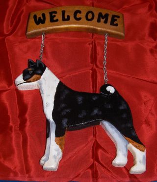 Basenji Carved Welcome Sign Tri - Color Wood,  1992.  Unsigned.
