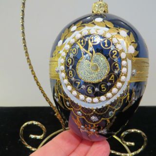 Russian Style Egg Christmas Ornament Poland Cuckoo Clock Lg.  4 1/2 " Blue/gold