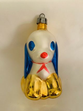 Vintage Glass Christmas Ornament Puppy Dog Gold With Blue Ears