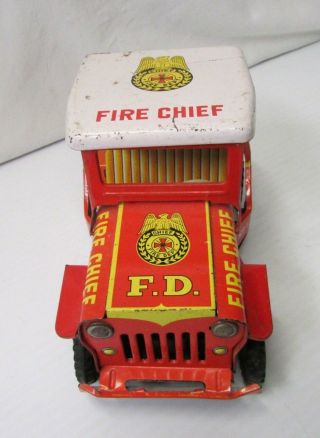 Vintage Old F.  D Fire Chief Litho Jeep Friction Toy Tinplate Cj Car Japan 1960 
