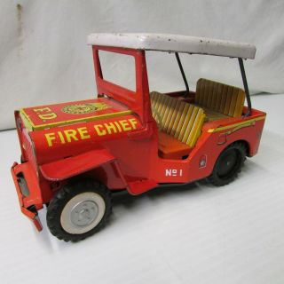 Vintage Old F.  D Fire Chief Litho Jeep Friction Toy Tinplate CJ Car Japan 1960 ' s 2