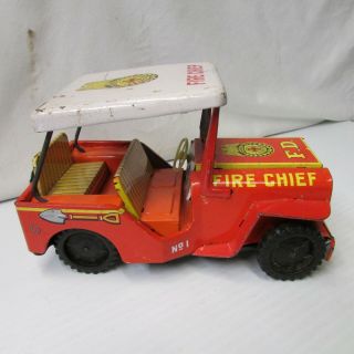 Vintage Old F.  D Fire Chief Litho Jeep Friction Toy Tinplate CJ Car Japan 1960 ' s 3