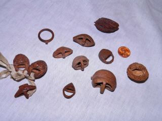 Group Of 11 Tiny Hand - Carved Peach Pits,  Nuts: Baskets,  Padlock,  Ring; Miniature