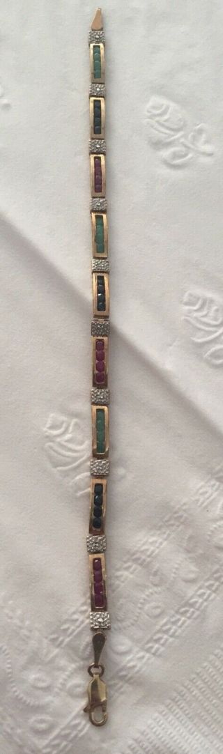 Vintage 14k Yellow Gold Ruby Emerald Sapphire & Diamond Line Tennis Bracelet,  7”
