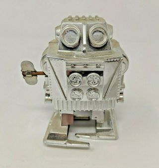 Vintage Tps Toplay Plastic Silver Chrome Wind Up Toy Robot 1970s 3.  5 " Tall Japan