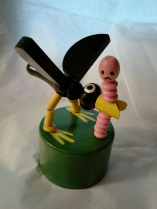Wooden Push Button Puppet Black Bird And Pink Worm 2