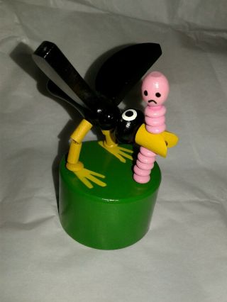 Wooden Push Button Puppet Black Bird And Pink Worm 3