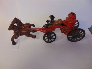 Vintage Antique Cast Iron Fireman Toy Horse Drawn Fire Engine Pump Wagon Dark