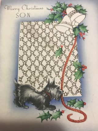 Vintage Christmas Card Art Deco Era Black Scottie Dog Scottish Terrier Bells