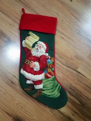 Wool Needlepoint Christmas Stocking Santa Claus Checking His List 19 "