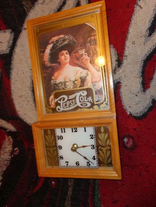 Pepsi Clock With Wooden Frame & Mirrored Glass Front 13 1/4 " X 6 3/4 " X 2 1/8 "