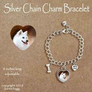 American Eskimo Dog - Charm Bracelet Silver Chain & Heart