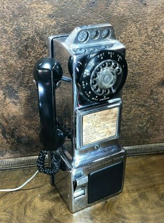 Vintage Automatic Electric Pay Phone 3 Coin Slot Rotary Dial Chrome Telephone