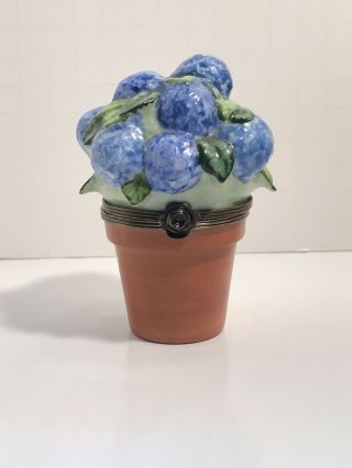 Limoges Blue Floral Bouquet In Pot Trinket Box - Peint Main