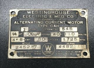 Vtg Westinghouse Electric Mfg Co Alternating Current Motor Industrial Metal Tag