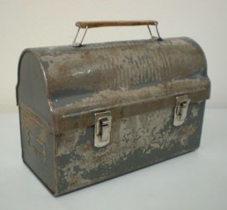 Vintage Antique Lunch Box Steam Punk Heavy Metal Dome Top & Wood Handle