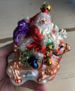 Large Blown Glass Christmas Ornament Santa Claus On Reindeer With Toys
