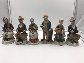 Homco Like Figurines 6 Old Folks W Book Wine Cards Beer Ledger Taiwan Retired 6 "