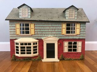 Vintage Tin Litho Dollhouse Metal & Plastic Colonial 2 Story With 5 Rooms