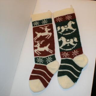Christmas Stocking Set Of 2 Reindeer & Rocking Horse Red Green Cream 20 " Long