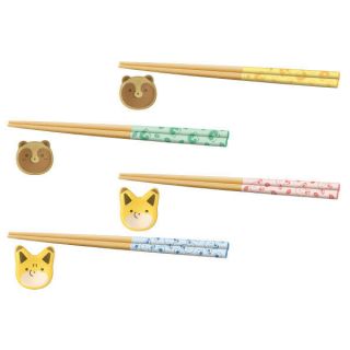 Raccoon Dog & Fox Tanuki To Kitsune Chopsticks & Chopstick Rest Set Of 4 F/s